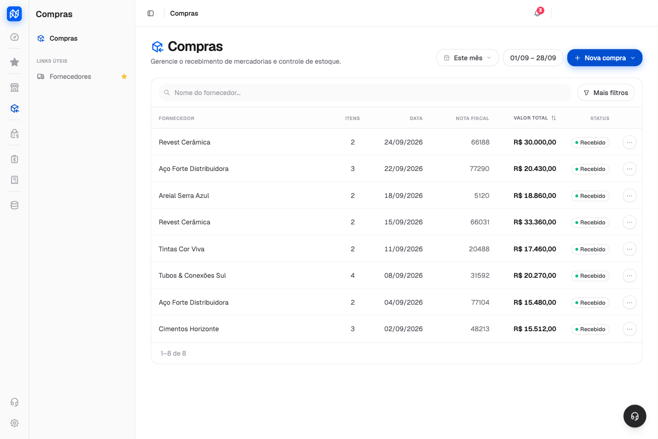 Tela do Notanova mostrando a lista de compras registradas, com fornecedor, itens, nota fiscal e valor total