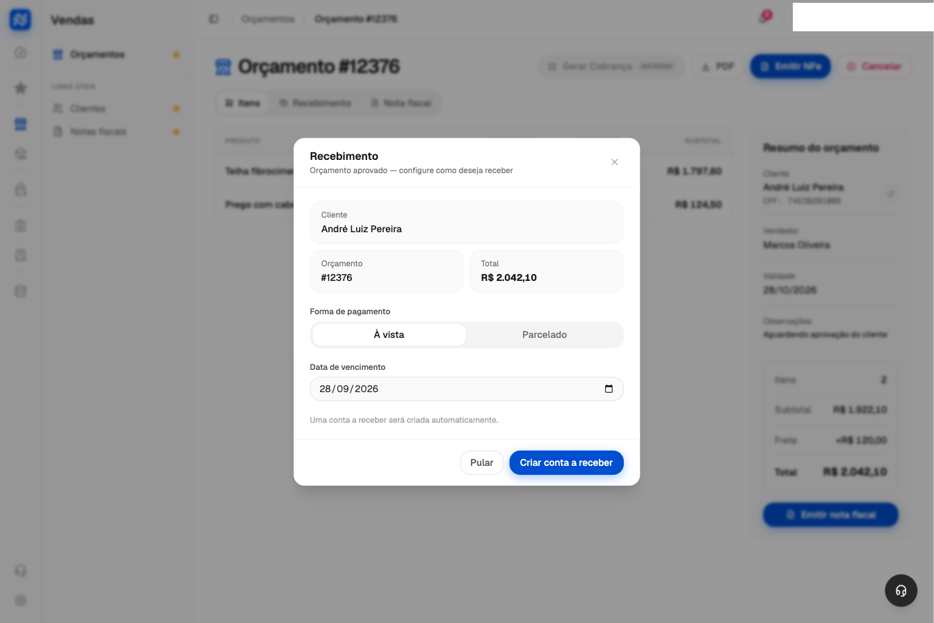 Tela do Notanova mostrando um orçamento aprovado com a configuração de recebimento e o botão para emitir a NF-e