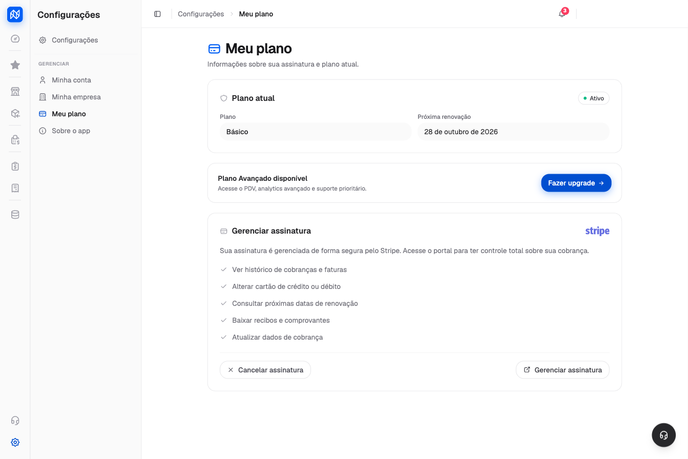 Tela do Notanova mostrando o plano atual, a próxima renovação e o botão de upgrade para o plano Avançado